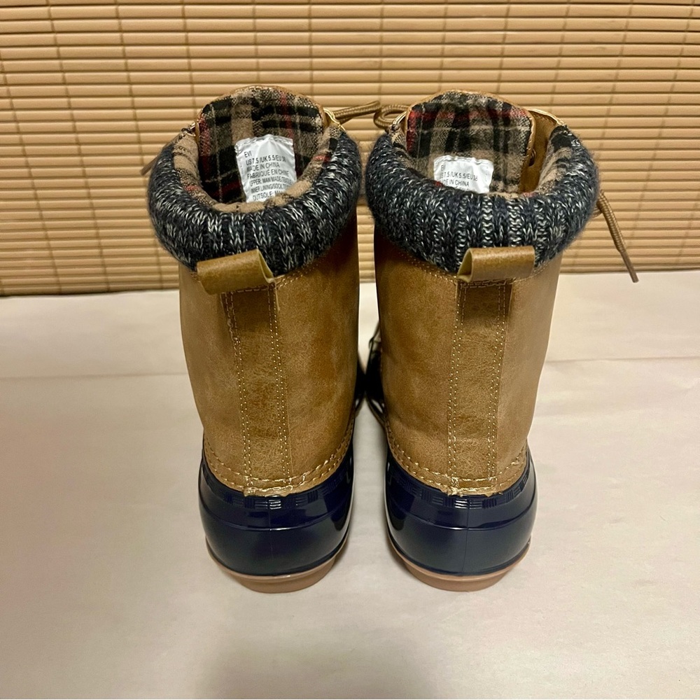 JustFab Navy/Tan Evi Knit Sock Liner Duck Boots - Picture 6 of 11